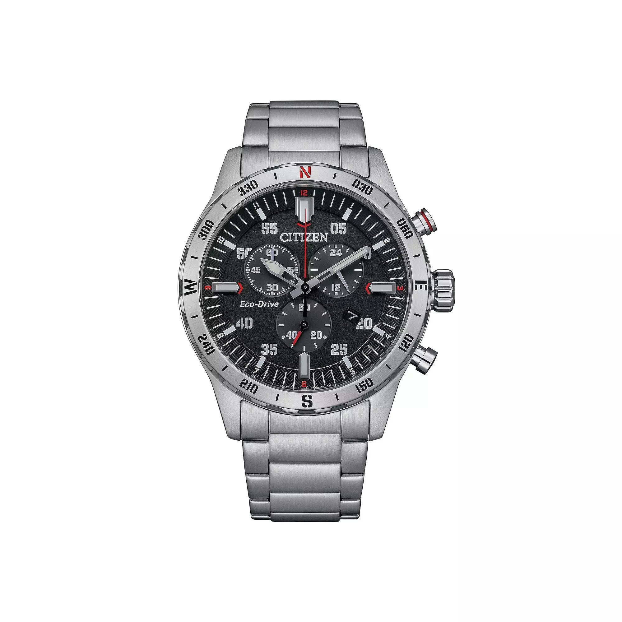 Citizen Mens Eco-Drive Stainless Steel Chronograph Bracelet Watch - AT2520-89E Black Silver Product Image