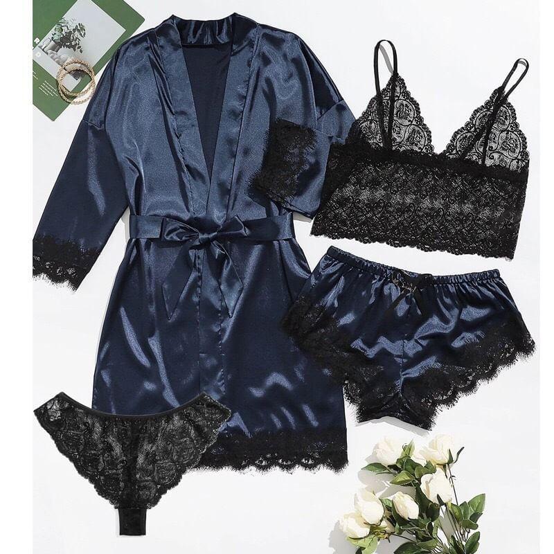 Set: Plain Lace Bra + Panty + Elastic Waist Panel Satin Shorts + Robe Product Image