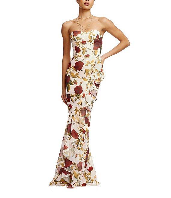 Dress the Population Paris Floral Print Strapless Neck Sleeveless Ruffle Gown Product Image