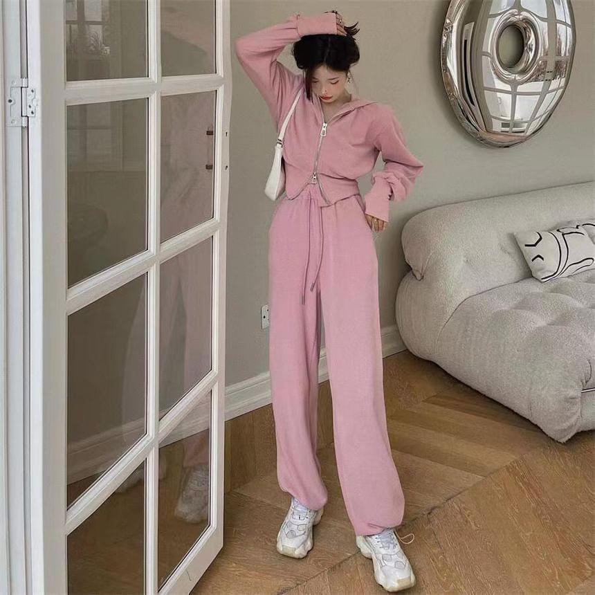 Set: Zip Hoodie + Drawstring Waist Wide Leg Sweatpants Product Image