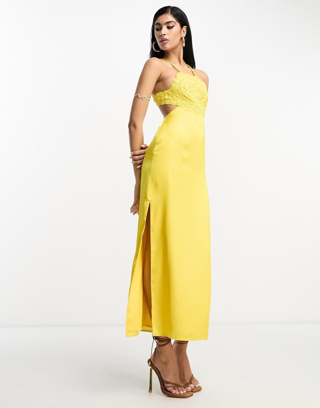 ASOS DESIGN embroidered bodice satin bias midi dress with open back Product Image