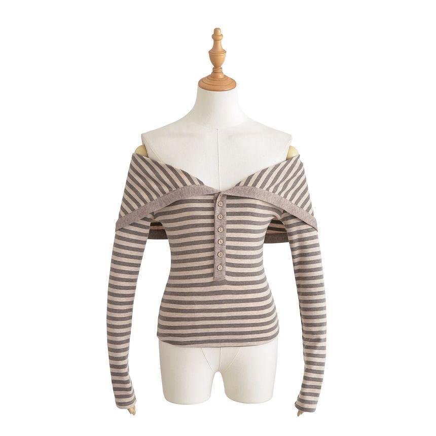 Long Sleeve Off Shoulder Henley Striped Tee Product Image