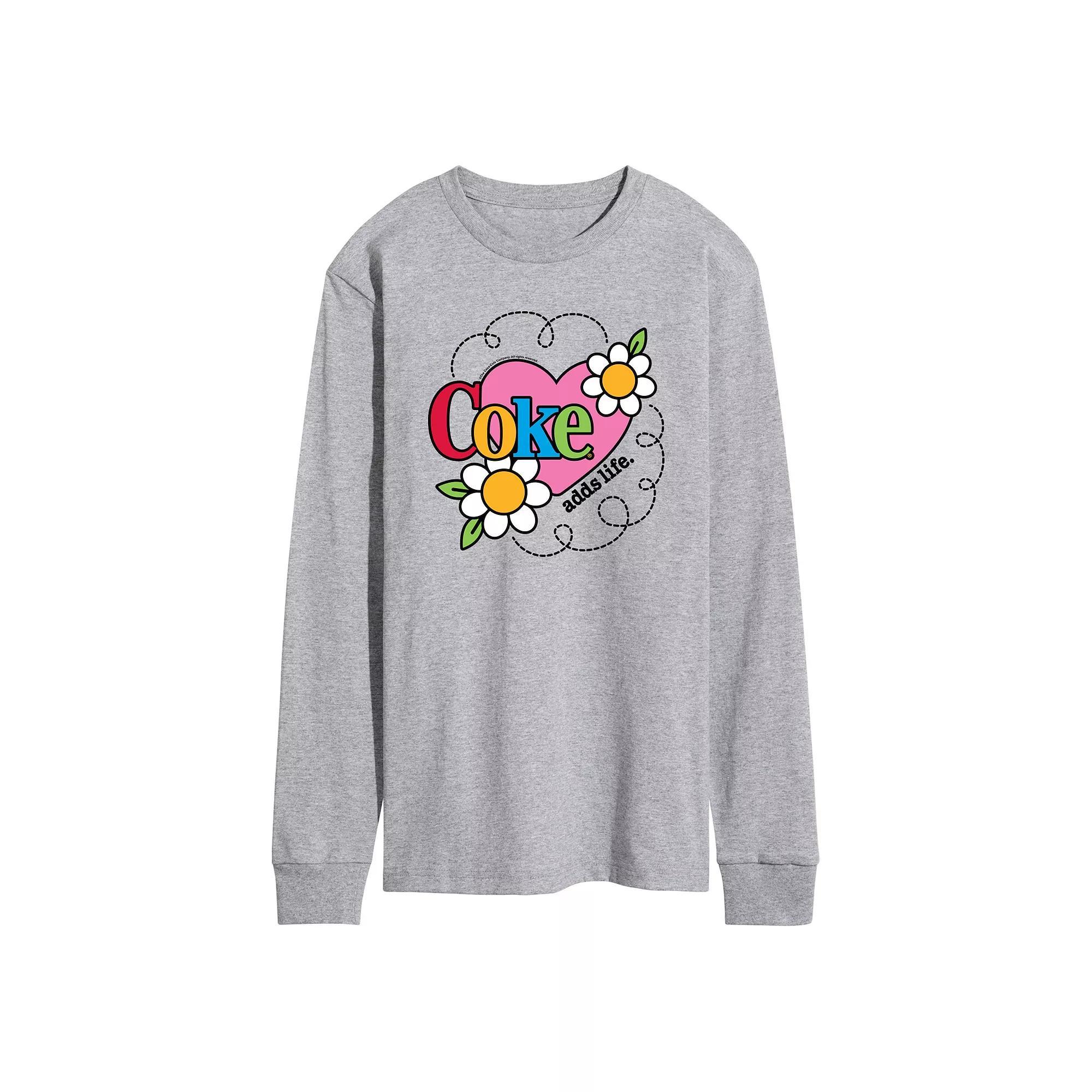 Mens Coke Adds Life Heart Flower Long Sleeve Graphic Tee Grey Gray Product Image