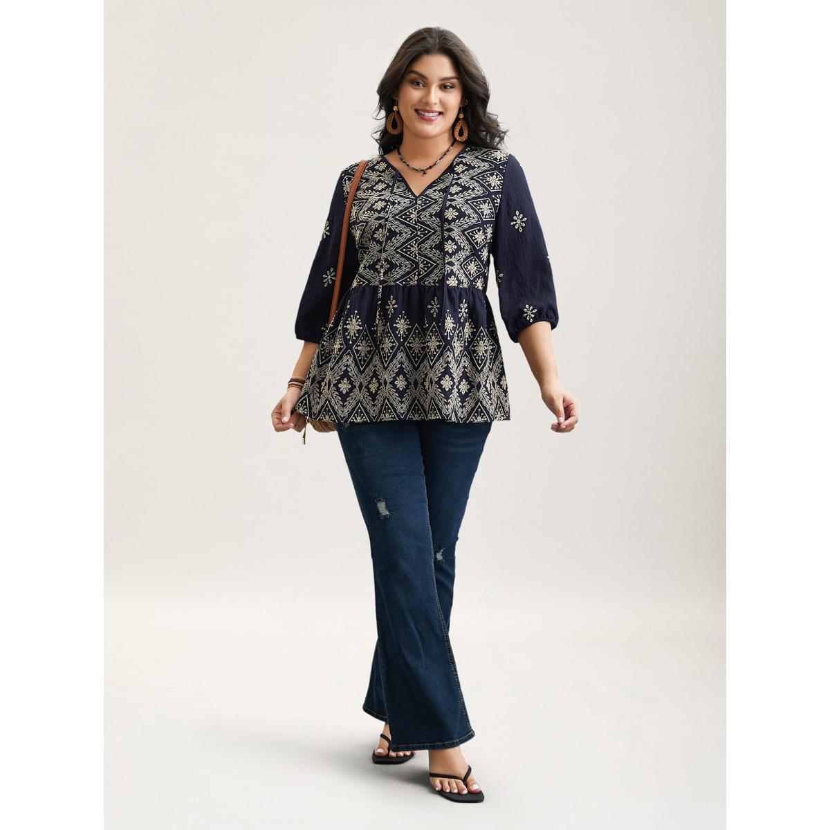 Plus Size Indigo Boho Embroidered Pleated V-Neck Blouse Women Resort Elbow-length sleeve V-neck Vacation Blouses BloomChic 12/L Product Image