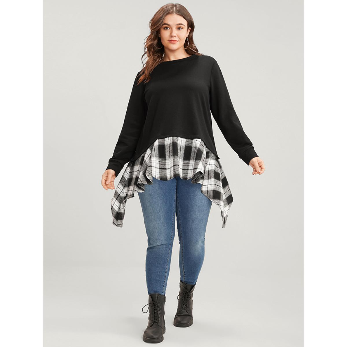 Plus Size Tartan Patchwork Round Neck Asymmetrical Hem Sweatshirt Women Black Elegant Patchwork Round Neck Dailywear Sweatshirts BloomChic 22-24/3X Product Image