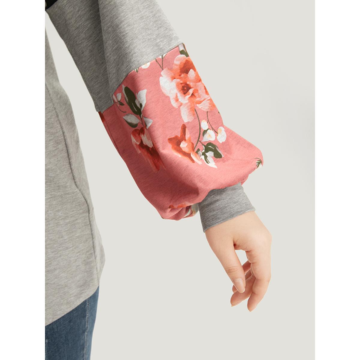 Plus Size Colorblock Contrast Floral Crew Neck Raglan Sleeve Sweatshirt Women Gray Casual Elastic cuffs Round Neck Dailywear Sweatshirts BloomChic 22-24/3X Product Image