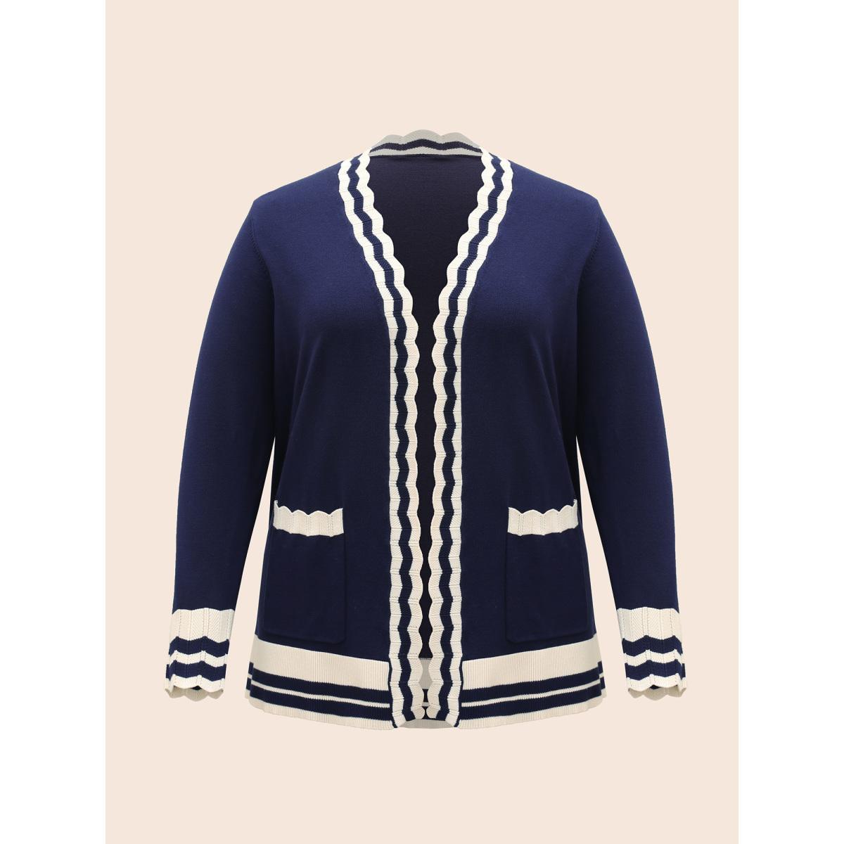 Plus Size Supersoft Essentials Scalloped Trim Contrast Cardigan Indigo Women Workwear Essentials Loose Long Sleeve Work Cardigans BloomChic 12/L Product Image