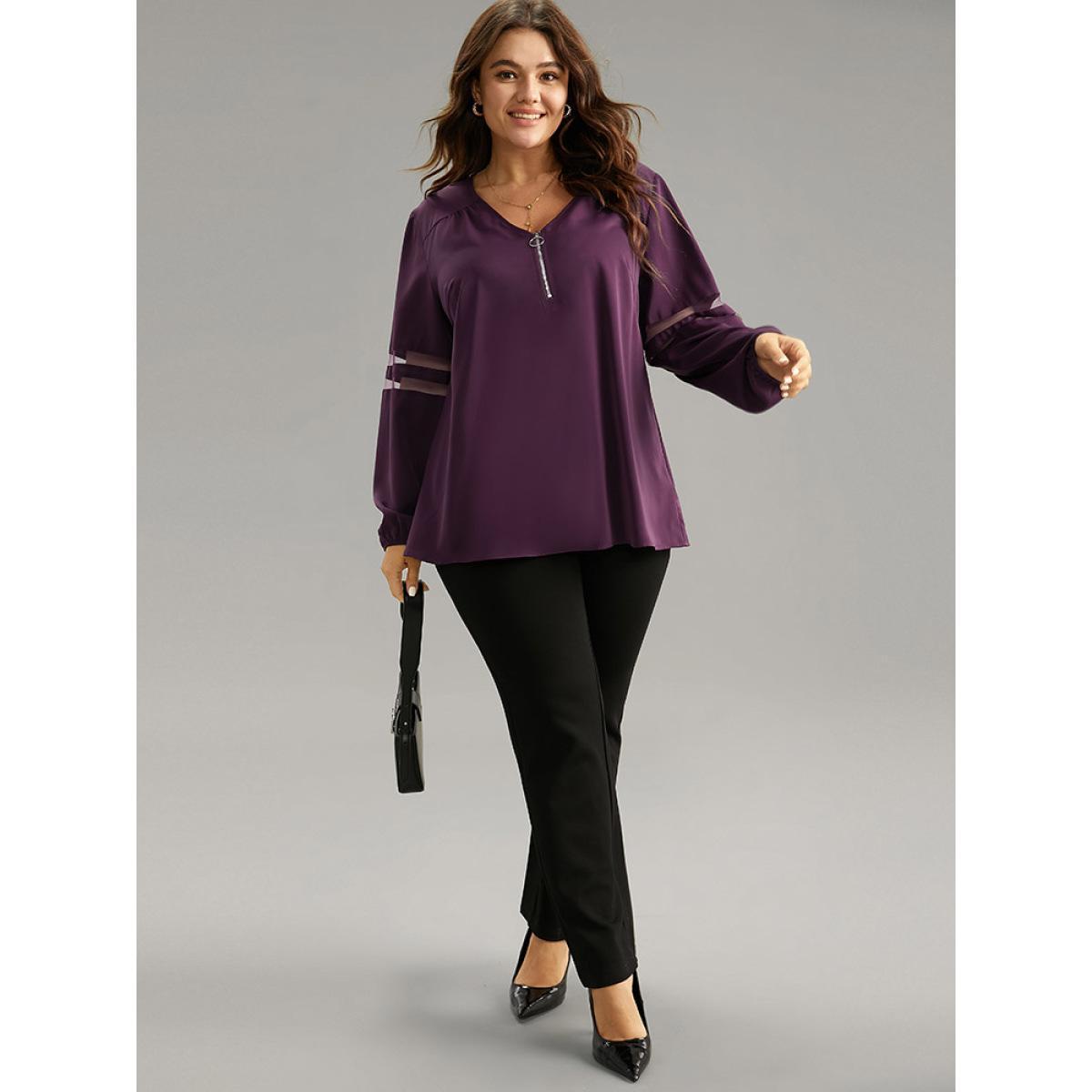 Plus Size Eggplant Static-Free Zipper Fly Mesh Patchwork Blouse Women Office Long Sleeve V-neck Work Blouses BloomChic 28/5X Product Image