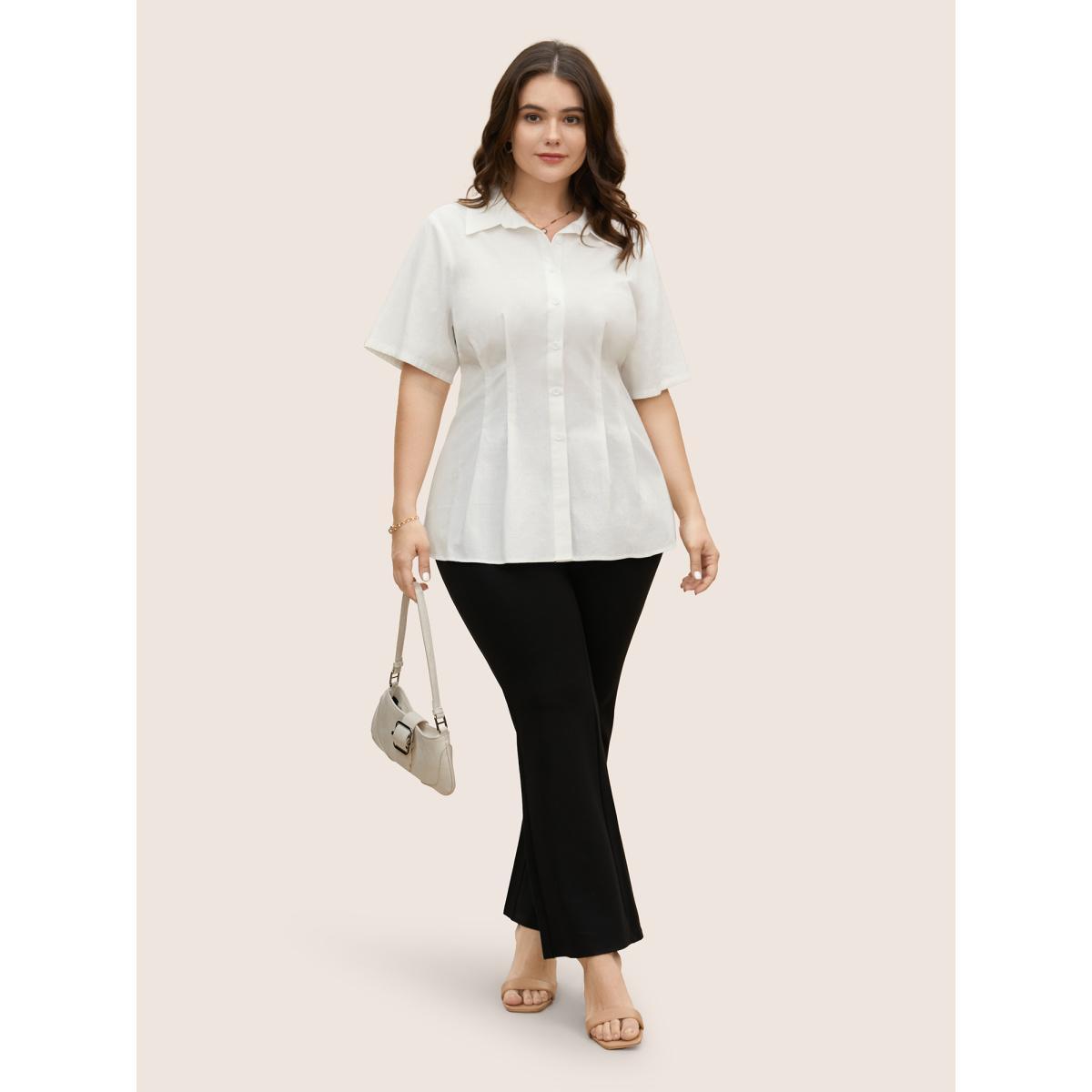 Plus Size Ivory Plain Shirt Collar Waist Design Blouse Women At the Office Short sleeve Shirt collar Work Blouses BloomChic 14-16/1X Product Image