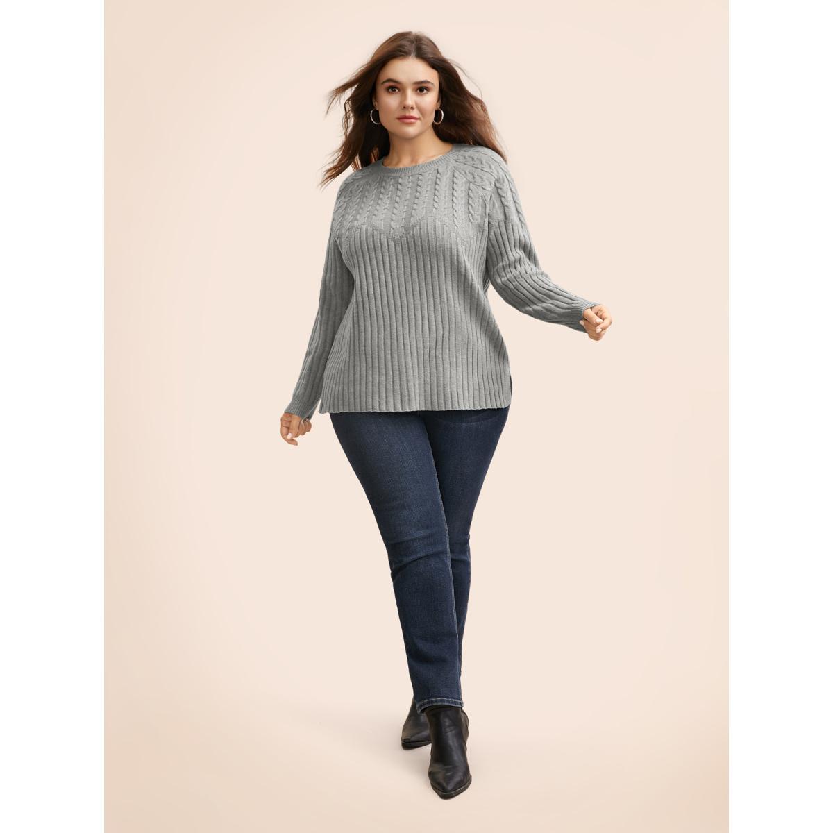 Plus Size Solid Cable Knit Raglan Sleeve Pullover Mediumgray Women Casual Long Sleeve Round Neck Everyday Pullovers BloomChic 30/6X Product Image