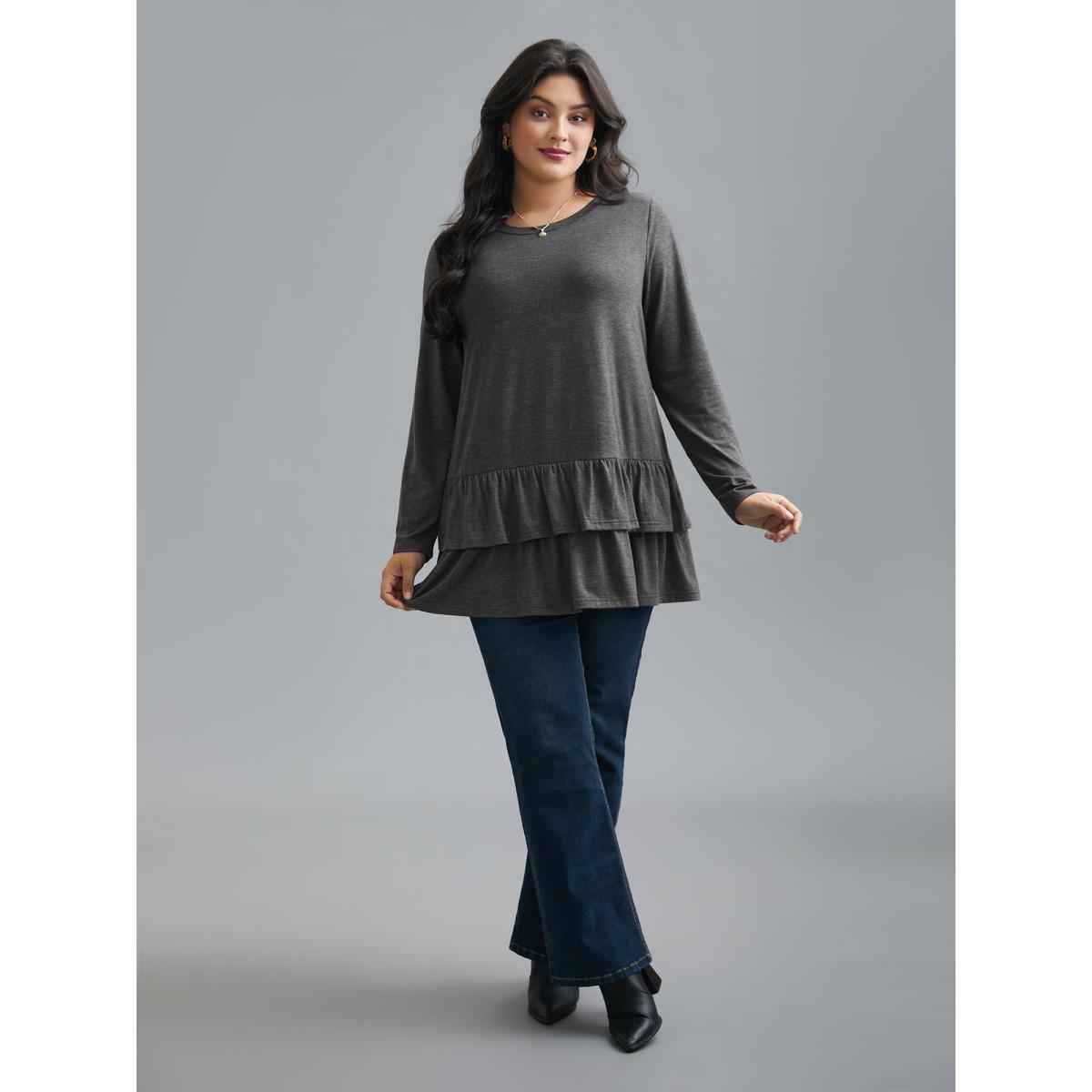 Plus Size Round Neck Tiered Ruffles Hem T-Shirt DimGray Women Elegant Gathered Round Neck Everyday T-shirts BloomChic 10/M Product Image