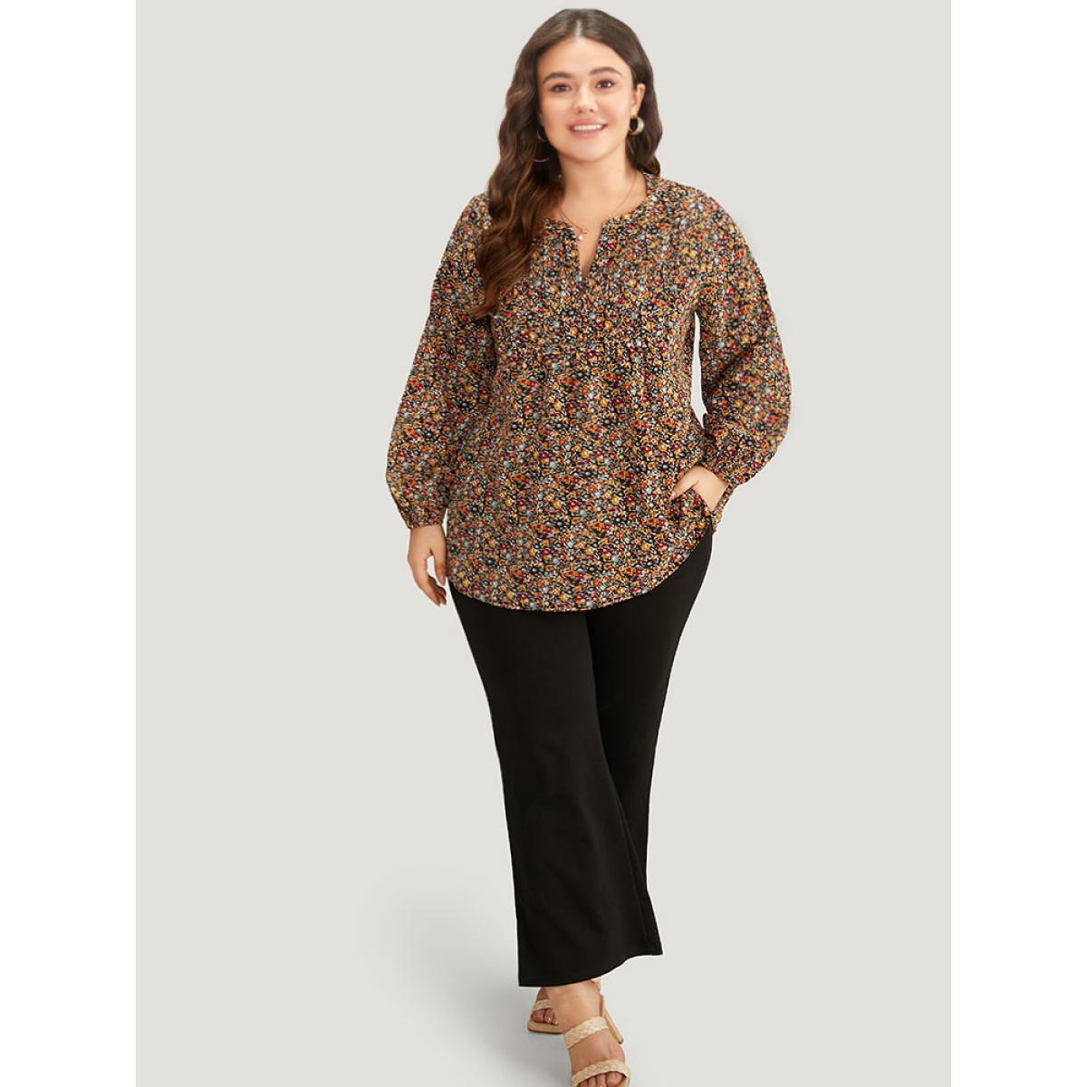 Plus Size Multicolor Ditsy Floral Notched Frill Trim Blouse Women Elegant Long Sleeve Notched collar Dailywear Blouses BloomChic 30/6X Product Image