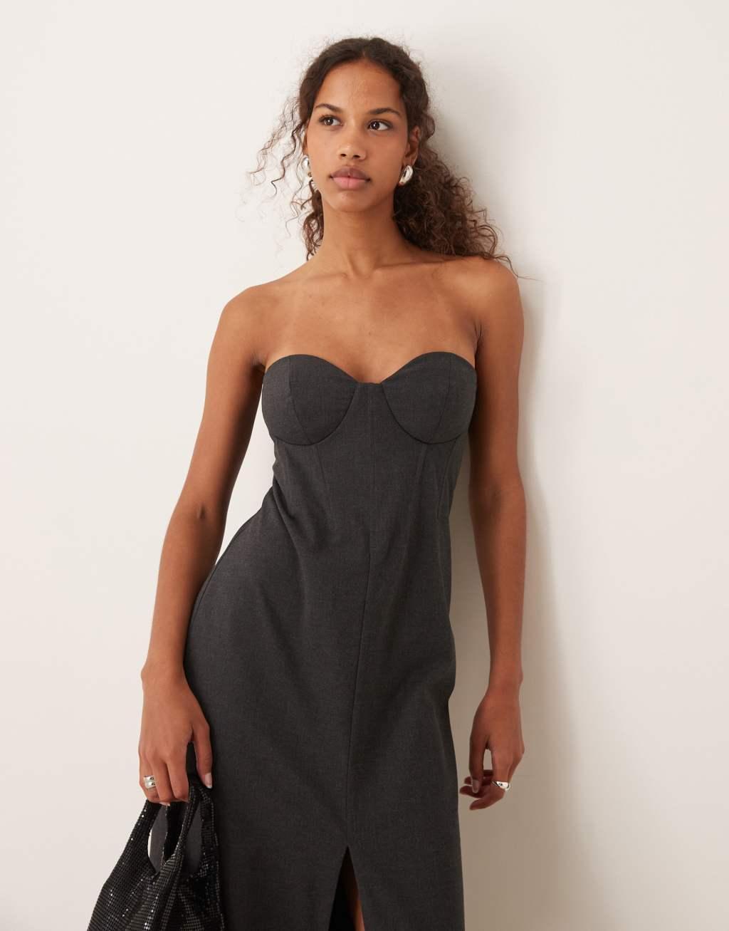 ASOS DESIGN corset detail bandeau midaxi dress with front slit in charcoal gray Product Image