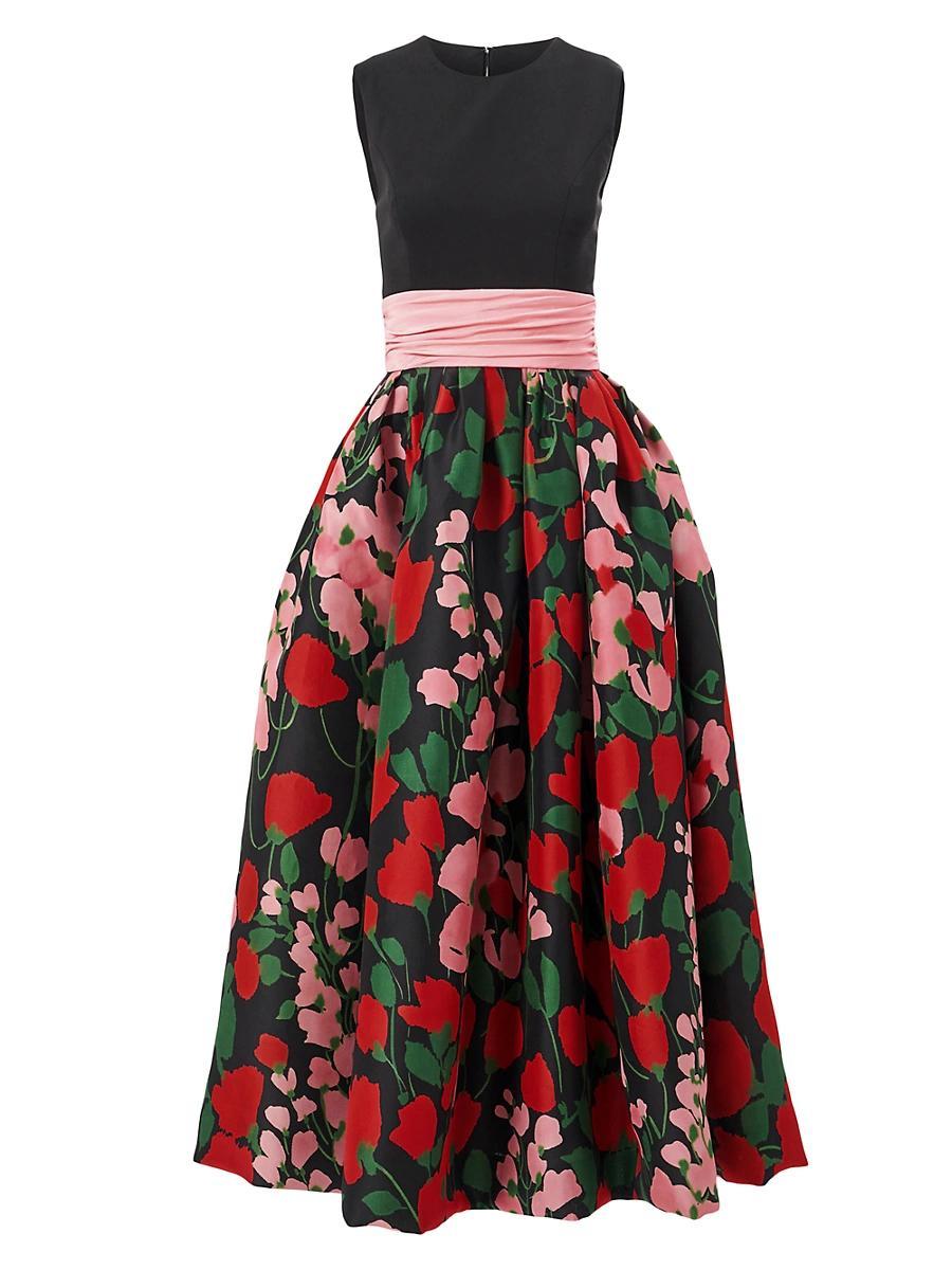 Womens Floral Silk Two-Tone Cummerbund Waist Midi-Dress Product Image