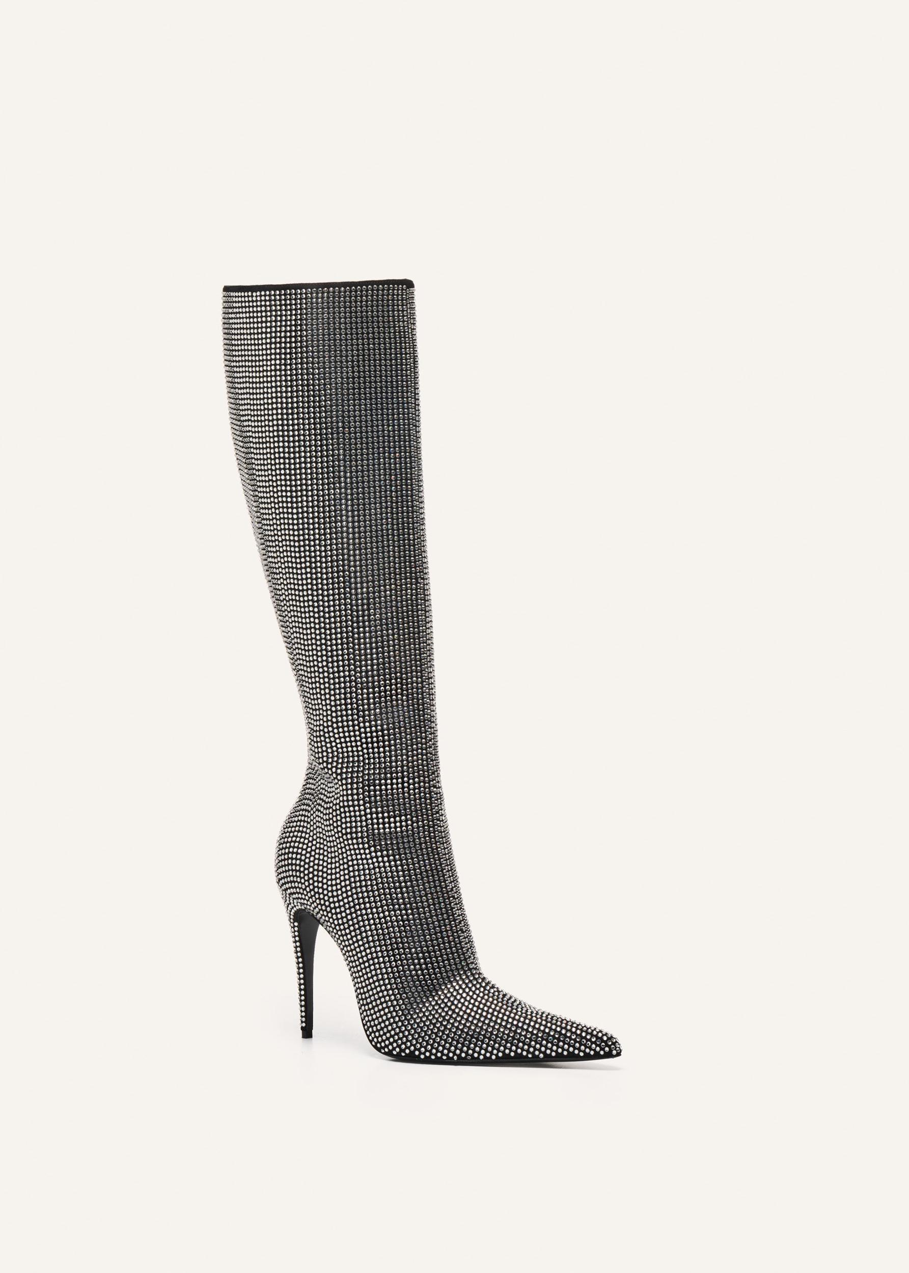 Tall pointed toe boots in black diamante crystals Product Image