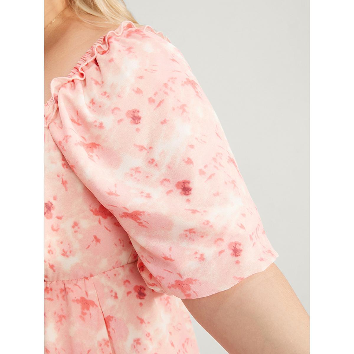 Plus Size Tie Dye Square Neck Puff Sleeve Pocket Ruffle Hem Dress Crepe Women Elegant Pocket Square Neck Short sleeve Curvy Knee Dress BloomChic 12/L Product Image