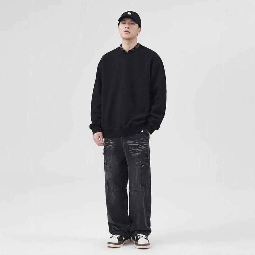 Long Sleeve Crew Neck Plain Waffle Oversized Sweatshirt Product Image