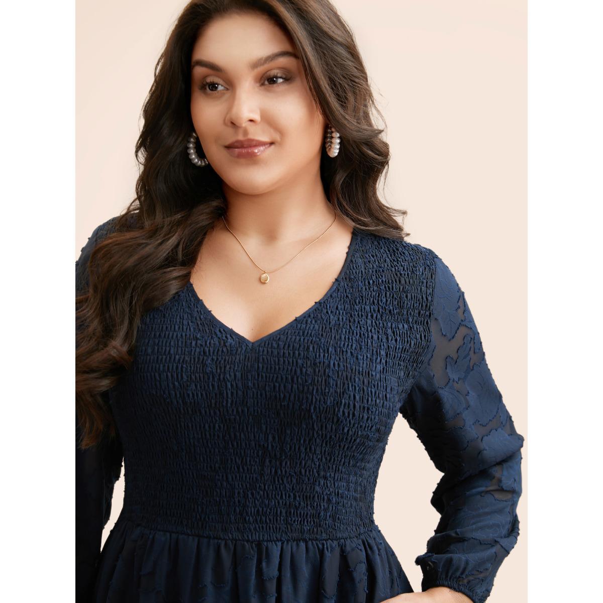 Plus Size Solid Textured Shirred Elastic Waist Dress DarkBlue Women Elegant Texture V-neck Long Sleeve Curvy BloomChic 30/6X Product Image