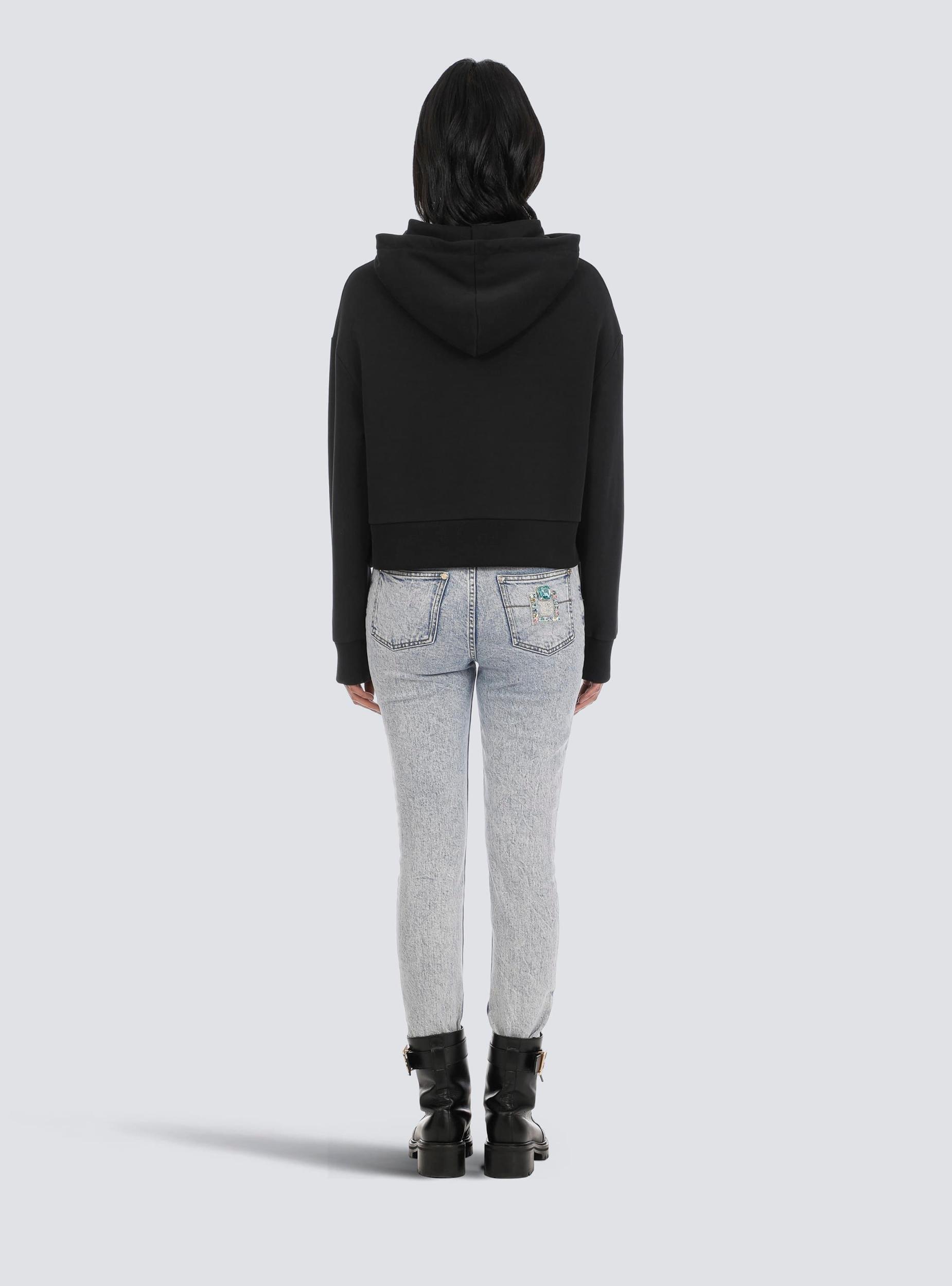 Cropped eco-designed cotton sweatshirt with rhinestone Balmain logo Product Image