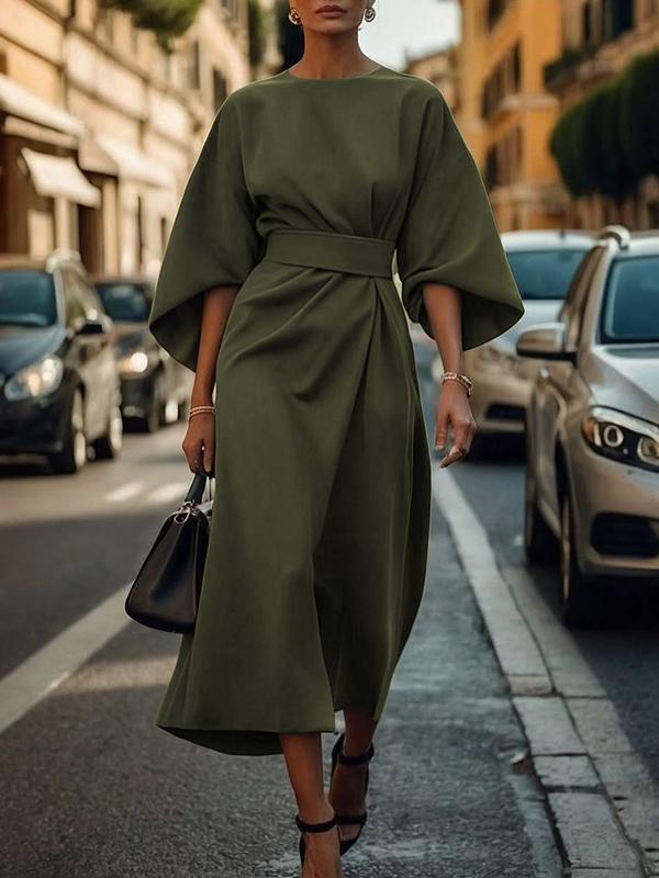 Loose Puff Sleeves Pleated Solid Color Split-Joint Round-Neck Midi Dresses Product Image