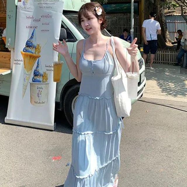 Spaghetti Strap Plain Tiered Button Maxi A-Line Dress Product Image