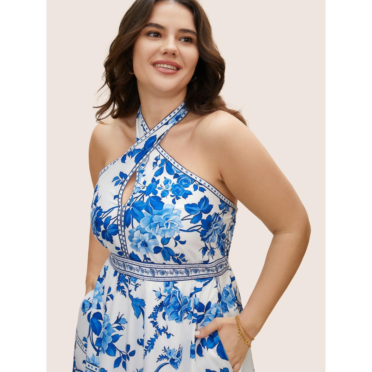 Plus Size Boho Print Halter Neck Shirred Tie Knot Dress LightBlue Women Elegant Tie knot Halter neck Sleeveless Curvy BloomChic 12/L Product Image