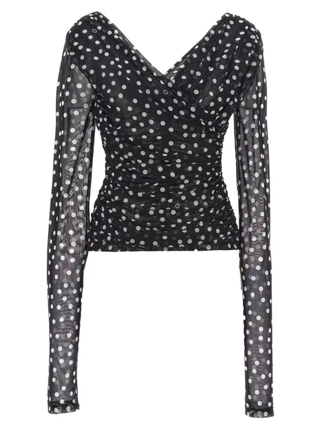 DOLCE & GABBANA Dolce&gabbana Polka Dot Ruched Tulle Top In Weiss Product Image