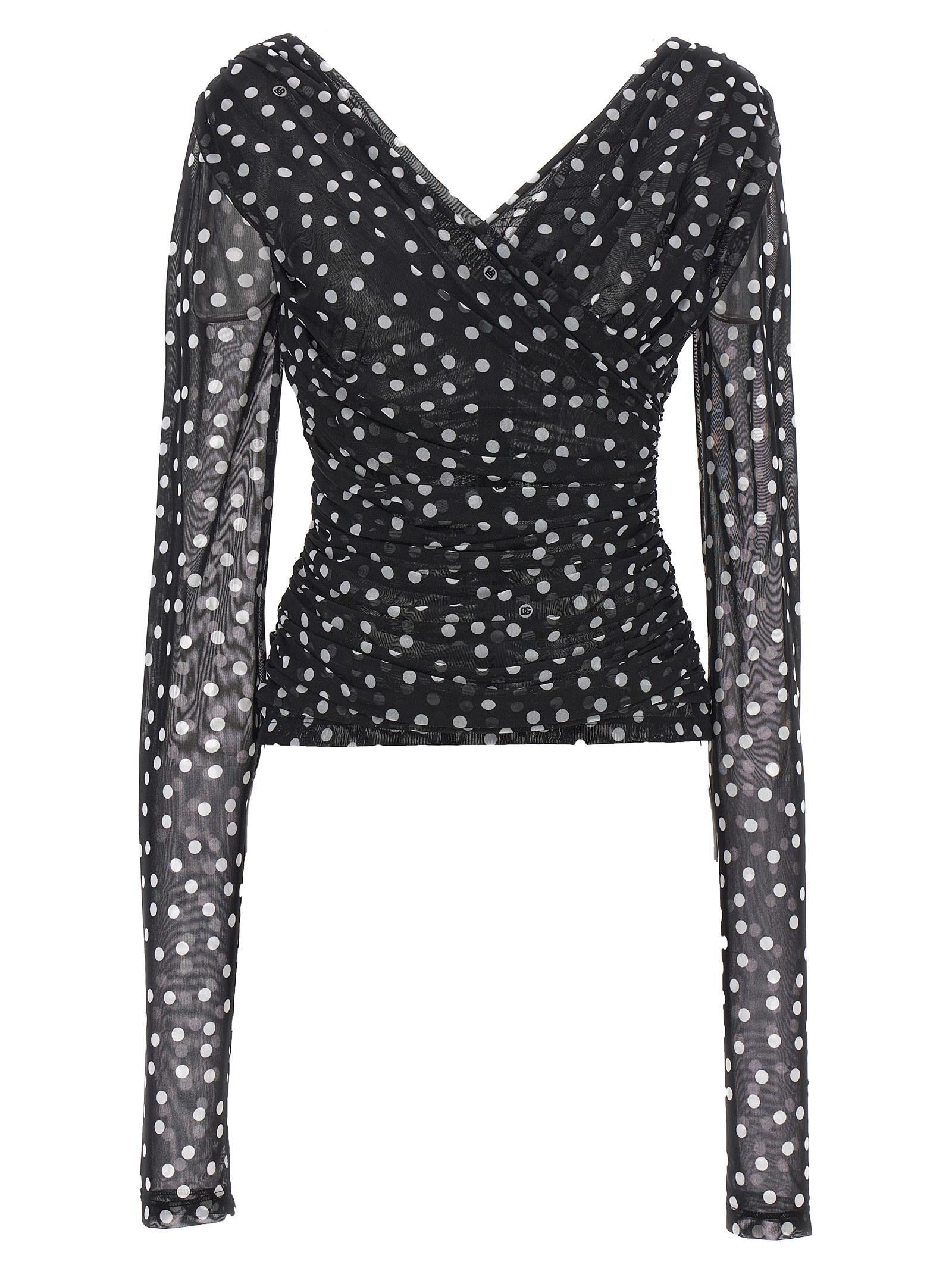 DOLCE & GABBANA Dolce&gabbana Polka Dot Ruched Tulle Top In Weiss Product Image