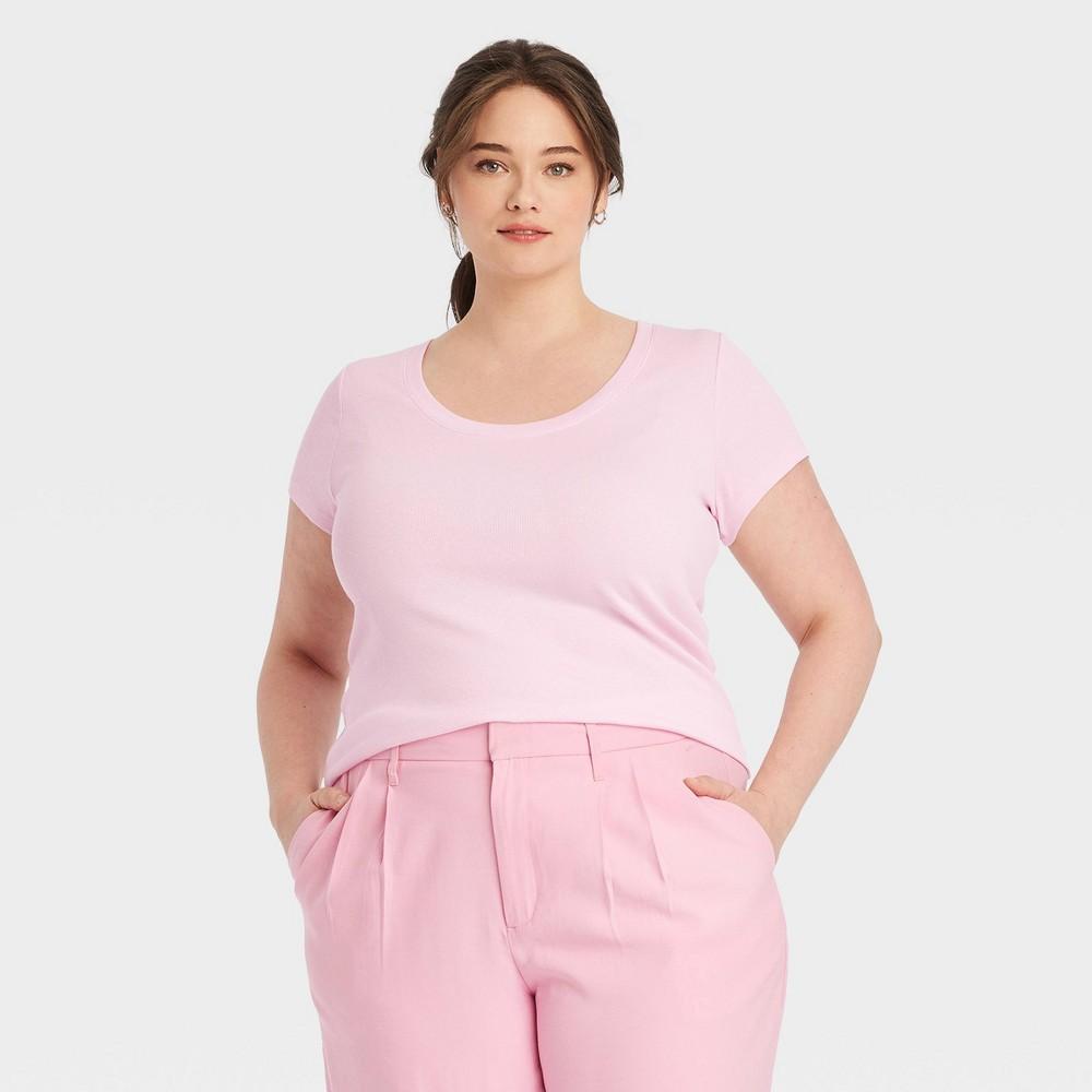 Women's Slim Fit Short Sleeve Ribbed Scoopneck T-Shirt - A New Day™ Light XXL: Cotton Modal Blend, Pullover Product Image