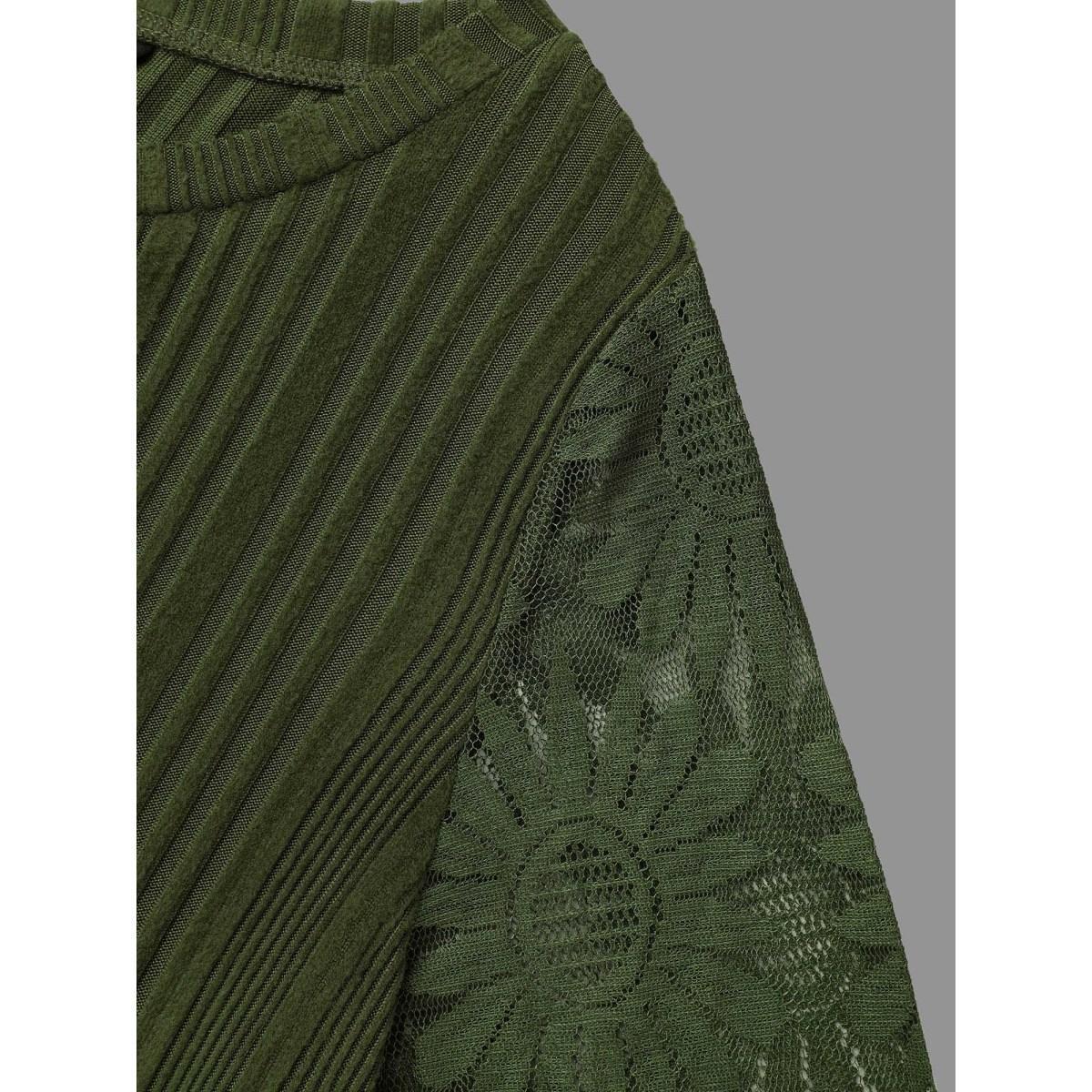 Plus Size Texture Lace Patchwork Mesh T-shirt DarkGreen Women Elegant Texture Round Neck Everyday T-shirts BloomChic 14-16/1X Product Image
