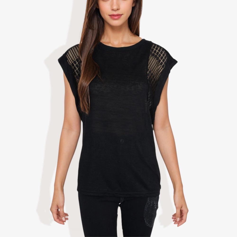 Anna-Kaci Women's Cap Sleeve Knit Top with Sheer Lace Shoulder Detail and Relaxed Fit Casual T-Shirt Product Image