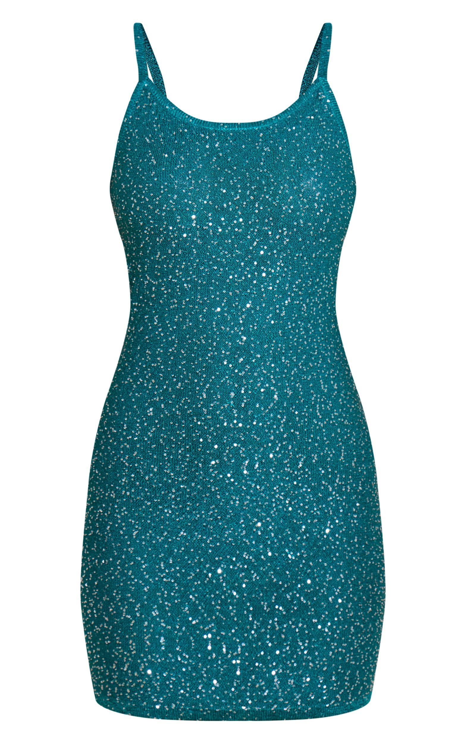 Petite Emerald Green Sequin Knitted Mini Dress Product Image