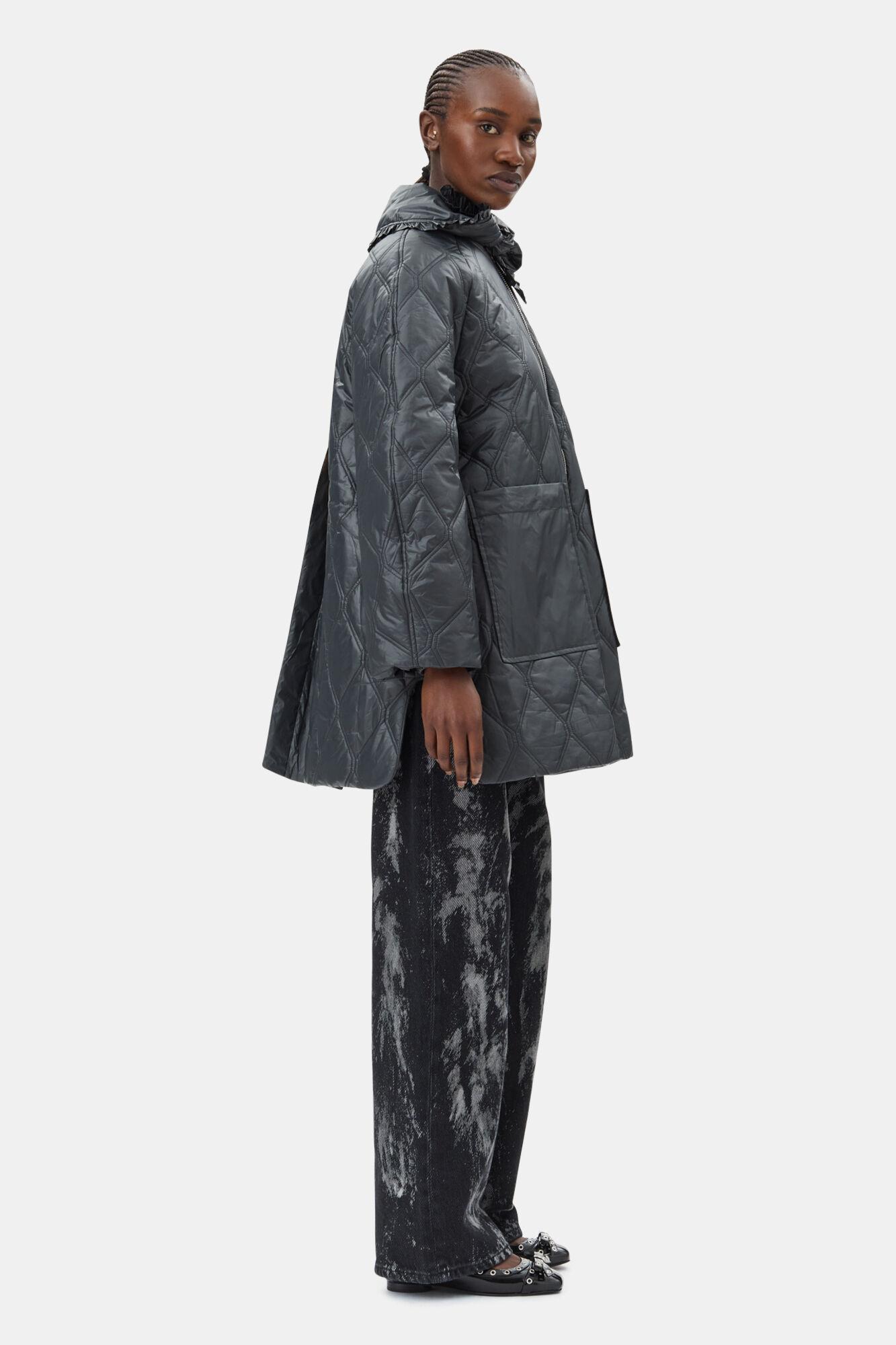 Black Shiny Quilt Midi Jacket Product Image