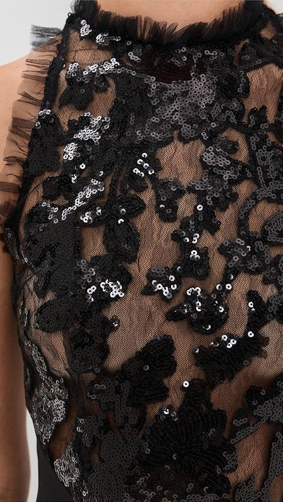 Rodarte Black Silk Satin And Sequin Dress With Tulle Ruffle Detail | Shopbop Product Image