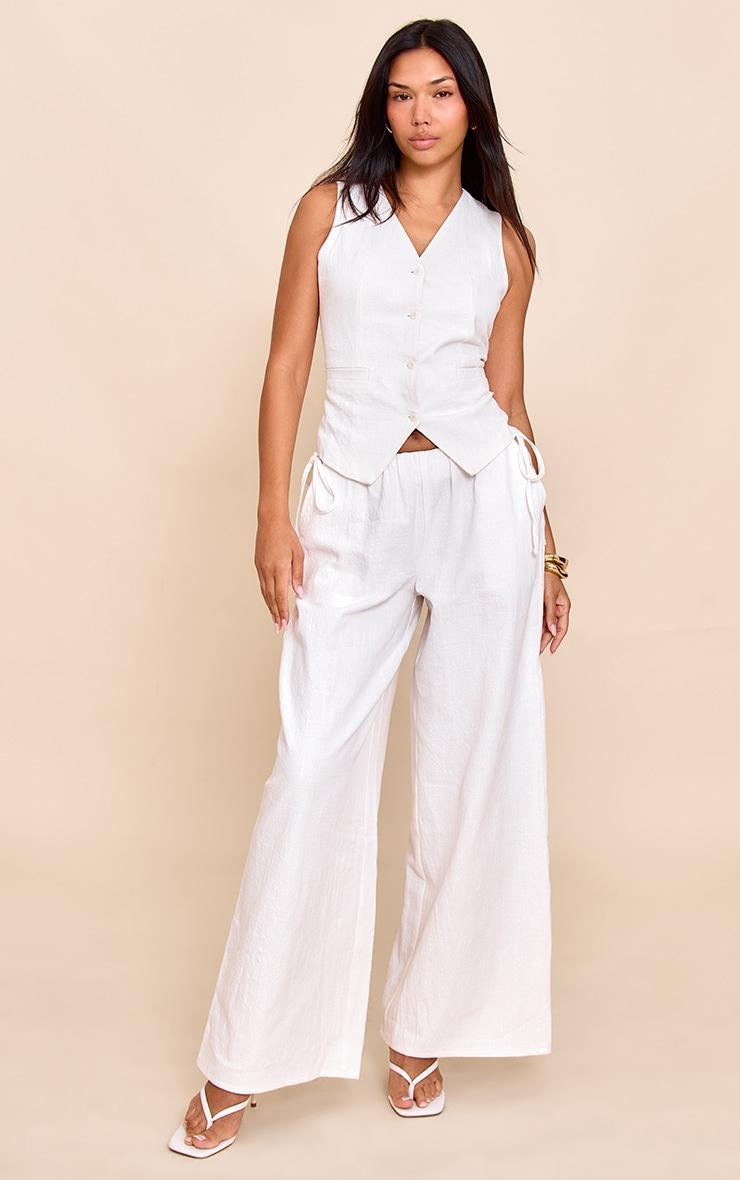 White Premium Linen Side Tie Detail Wide Leg Pants Product Image