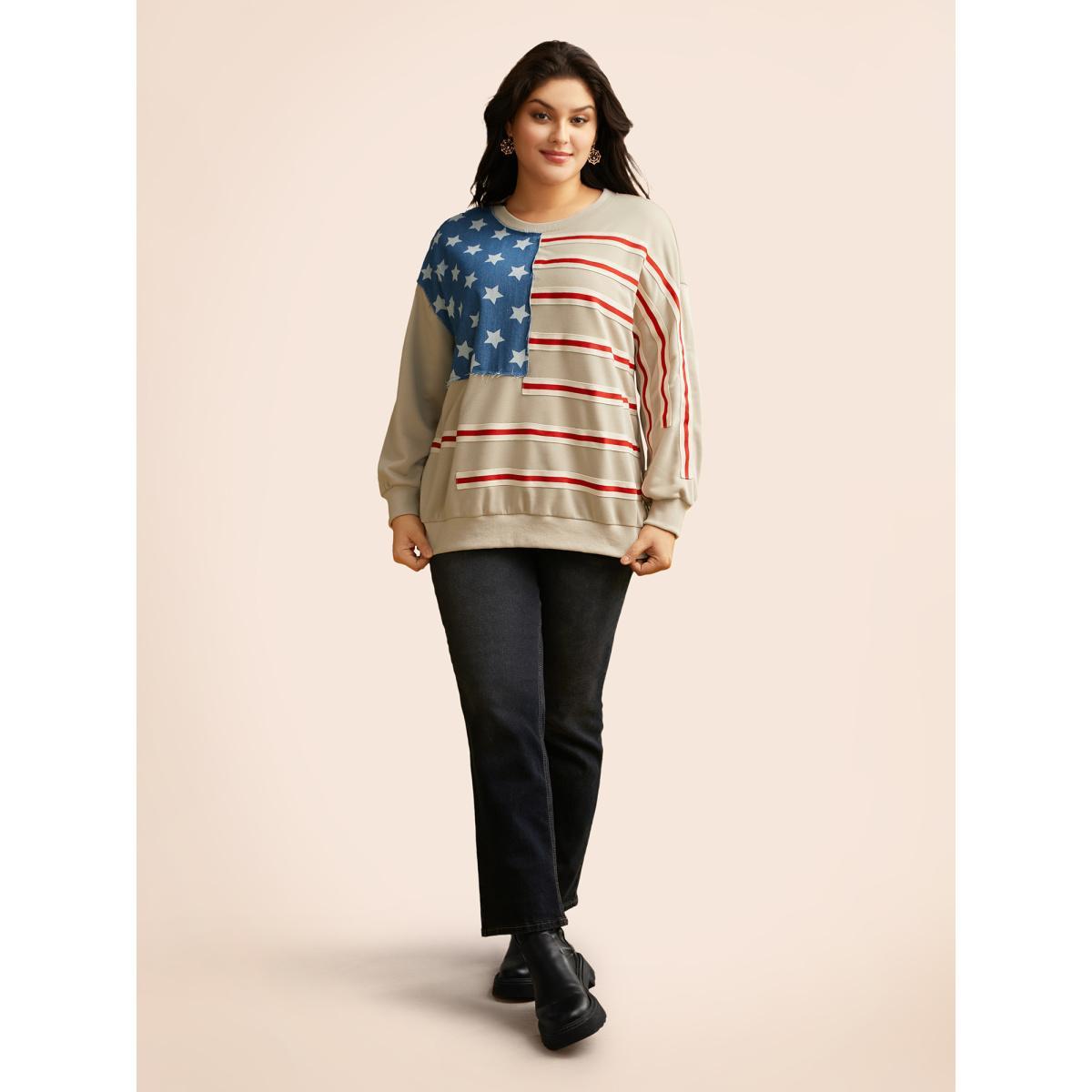 Plus Size Flag And Denim Spliced Crew Neck Sweatshirt Women Champagne Casual Woven ribbon&lace trim Loose Round Neck Everyday Sweatshirts BloomChic 28/5X Product Image