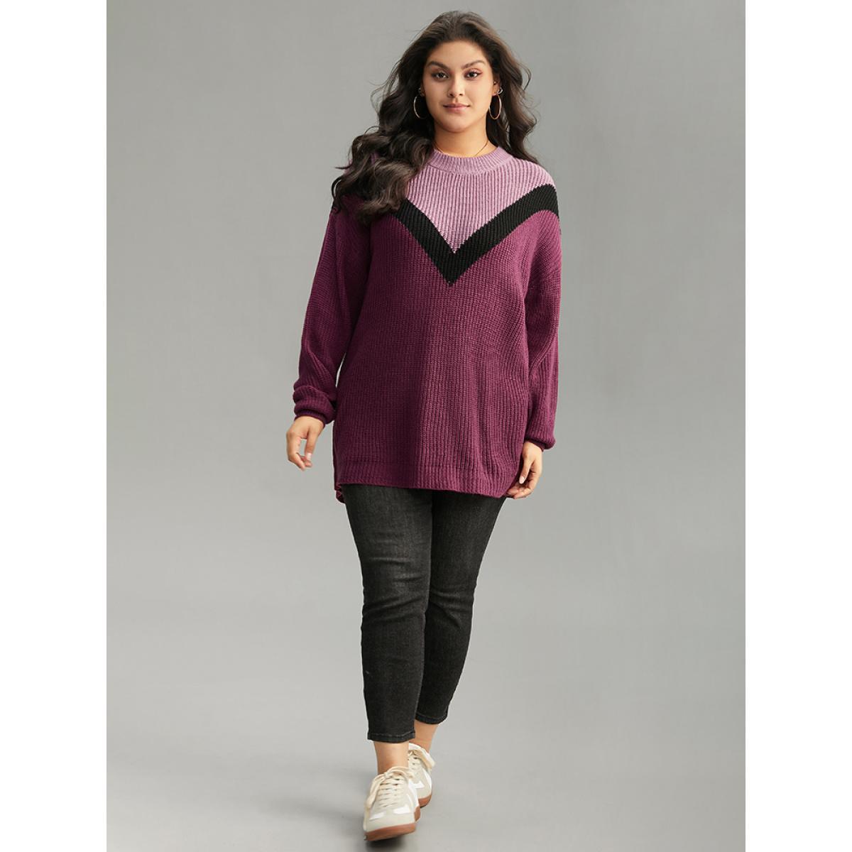 Plus Size Colorblock Contrast Drop Shoulder Loose Pullover Multicolor Women Casual Loose Long Sleeve Round Neck Dailywear Pullovers BloomChic 26/4X Product Image