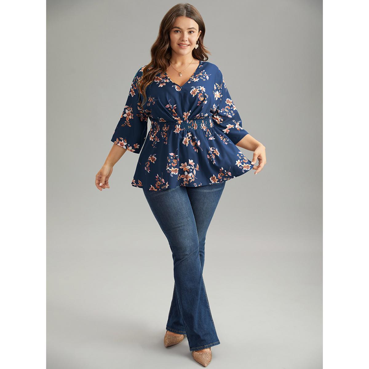 Plus Size Indigo Floral Print Shirred Plicated Detail Blouse Women Elegant Elbow-length sleeve V-neck Dailywear Blouses BloomChic 28/5X Product Image