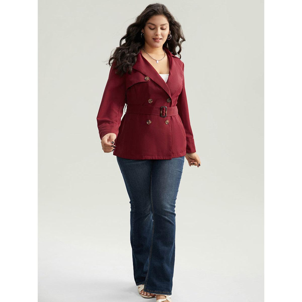Plus Size Twill Lapel Collar Belted Button Up Buckle Detail Coat Women Burgundy Casual Plain Ladies Dailywear Winter Coats BloomChic 18-20/2X Product Image
