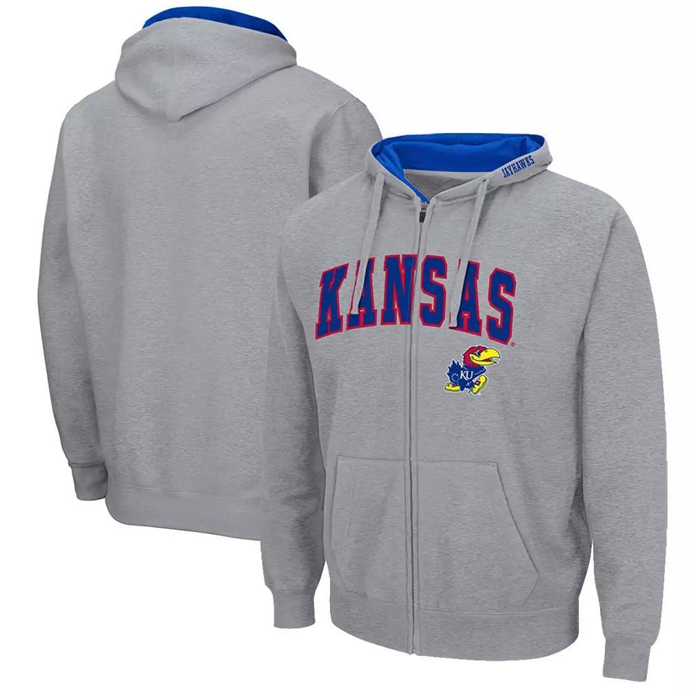 Men's Colosseum Heathered Gray Kansas Jayhawks Arch & Logo 3.0 Full-Zip Hoodie, Size: Medium, Grey Product Image