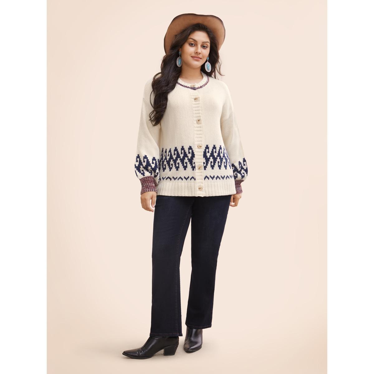 Plus Size Fair Isle Balloon Sleeve Crew Neck Cardigan Ivory Women Resort Loose Long Sleeve Vacation Cardigans BloomChic 18-20/2X Product Image