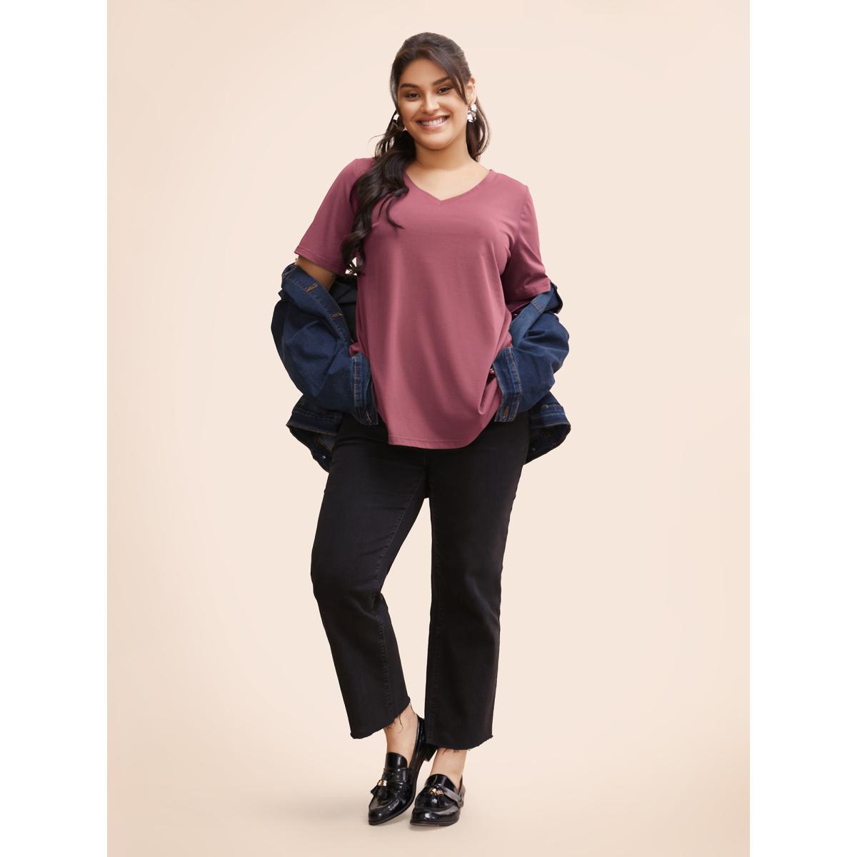 Plus Size Solid Twist Back V Neck Short Sleeve T-shirt Russet Women Casual Plain Plain V-neck Dailywear T-shirts BloomChic 10/M Product Image