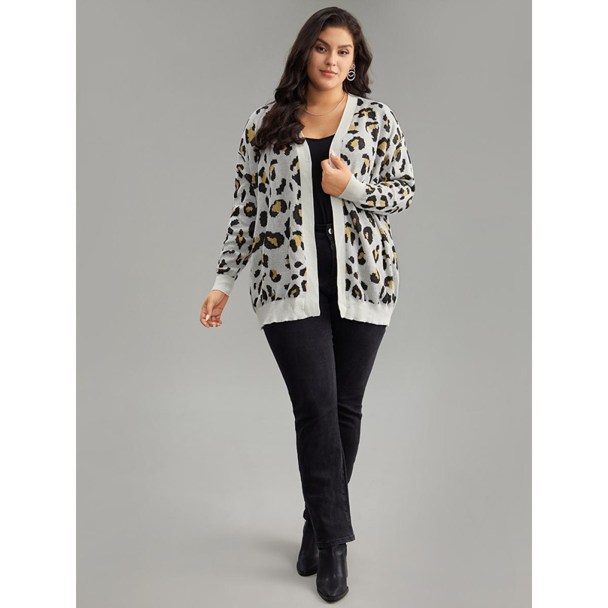 Plus Size Leopard Print Elastic Cuffs Cardigan Leopard Women Casual Loose Long Sleeve Dailywear Cardigans BloomChic 26/4X Product Image