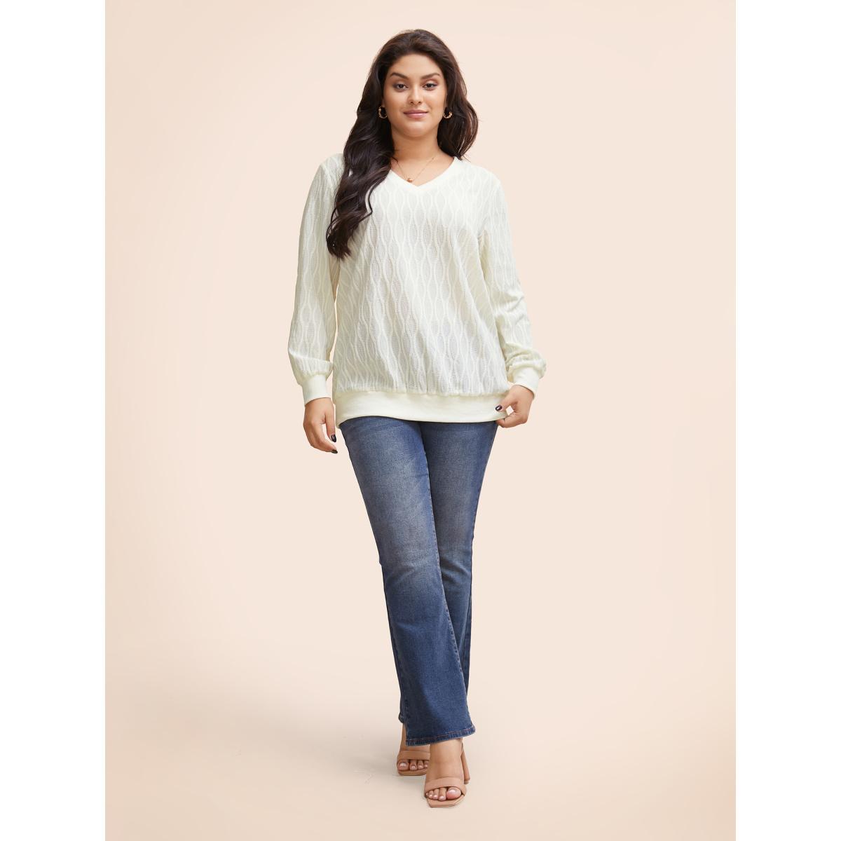 Plus Size Rib Knit Plain Elastic Cuffs Sweatshirt Women Ivory Elegant Non V-neck Everyday Sweatshirts BloomChic 30/6X Product Image