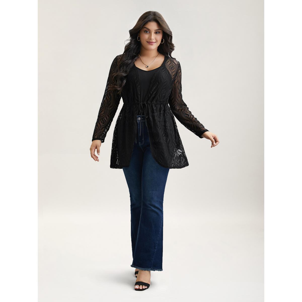 Plus Size Textured Sheer Drawstring Curved Kimono Women Black Elegant Texture Everyday Kimonos BloomChic 26/4X Product Image