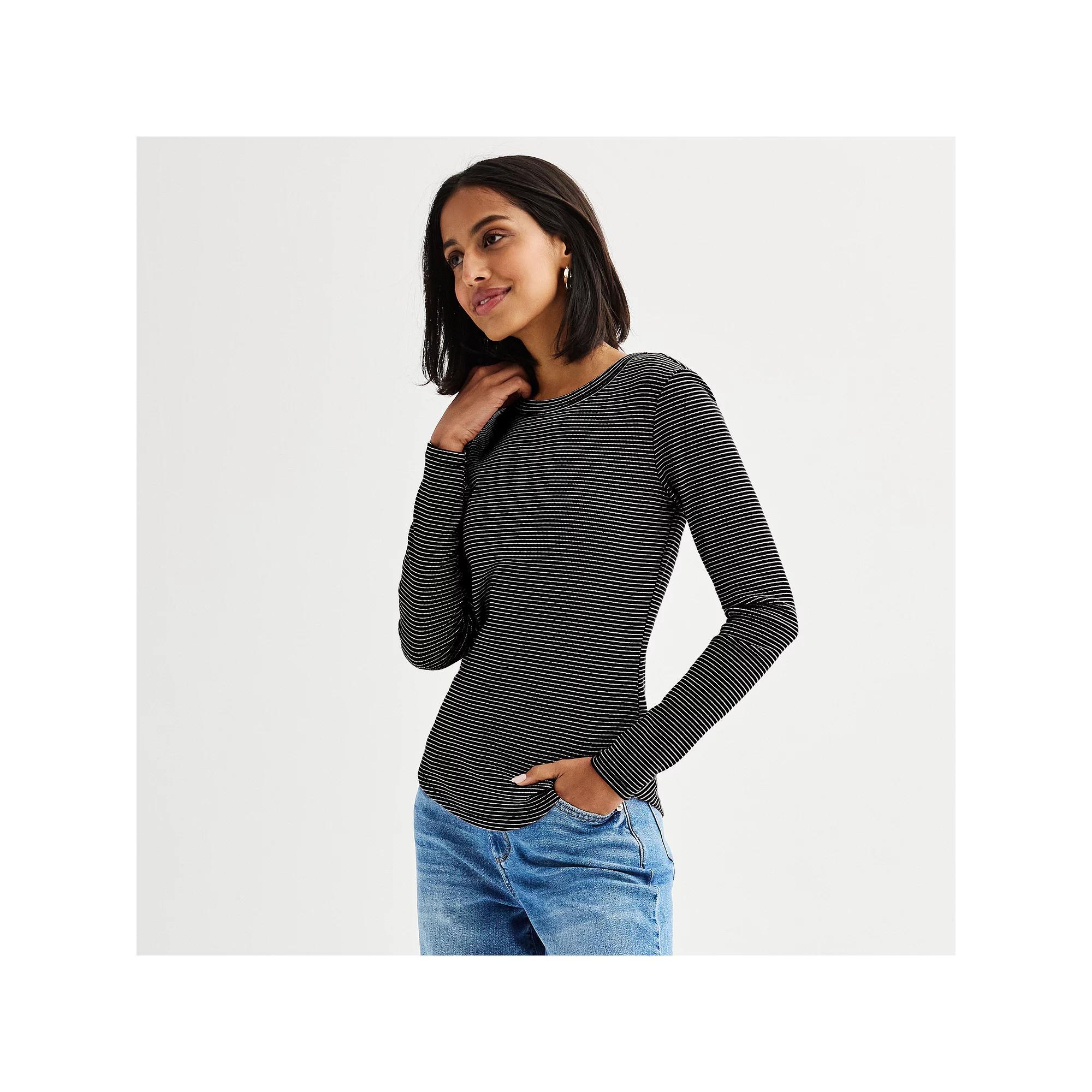 Women's Sonoma Goods For Life® Rib Slim Fit Long Sleeve Tee, Size: XL, Frost Black Stripe Product Image