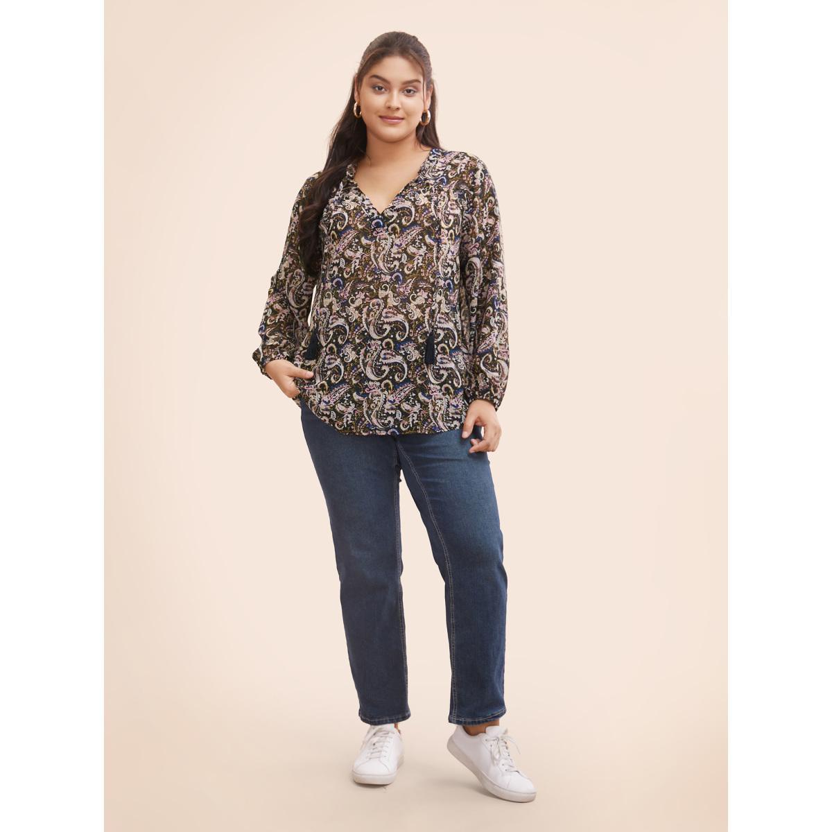 Plus Size Black Chiffon Paisley Tassels Tie Knot Blouse Women Resort Long Sleeve V-neck Vacation Blouses BloomChic 28/5X Product Image