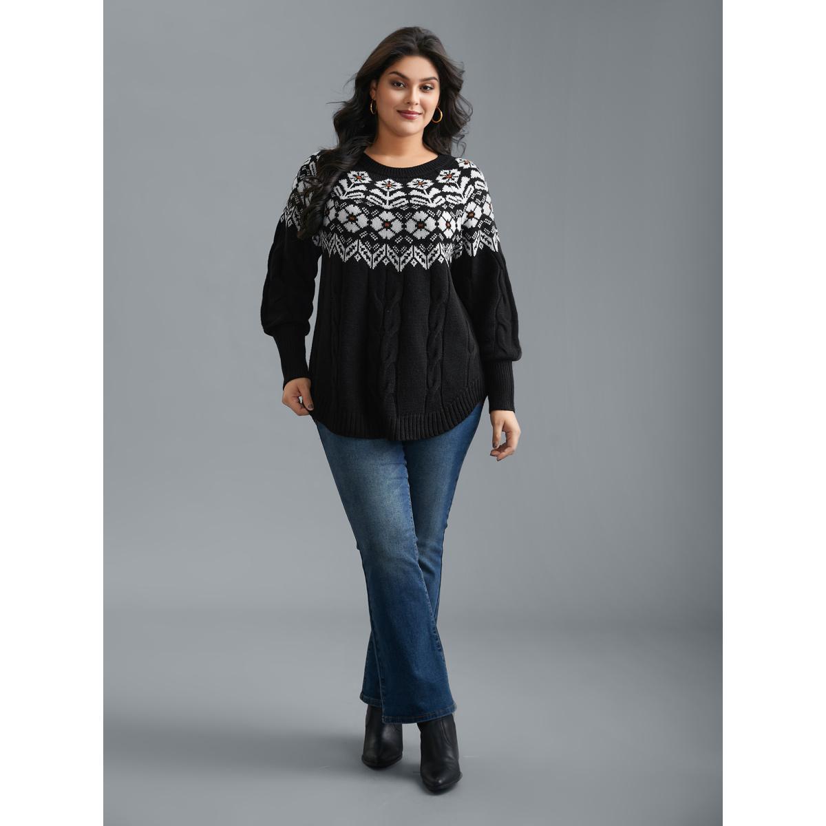Plus Size Floral Cable Knit Curved Hem Pullover Black Women Casual Loose Long Sleeve Round Neck Everyday Pullovers BloomChic 18-20/2X Product Image
