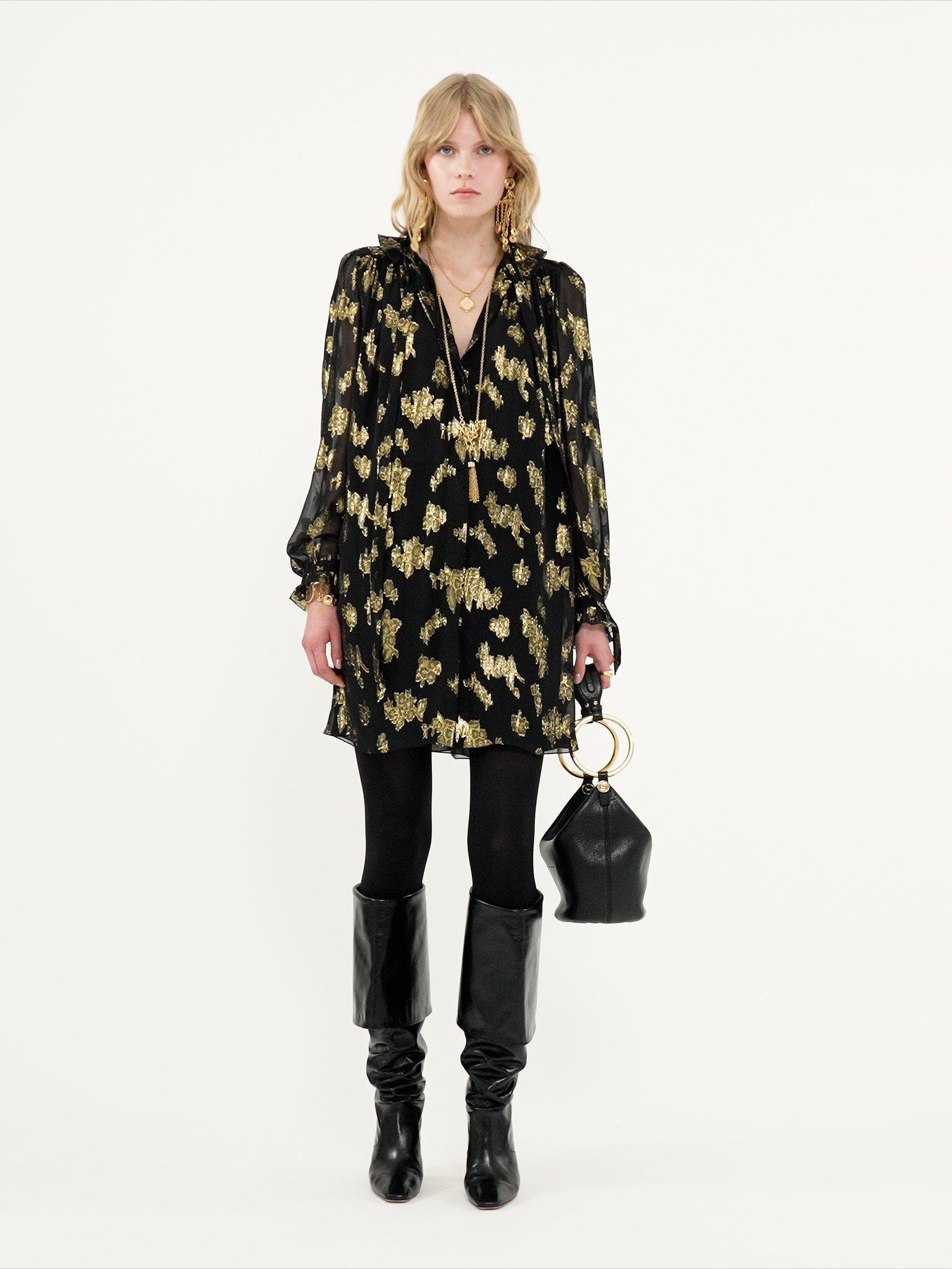 Tie-front mini dress in silk jacquard & lurex Product Image