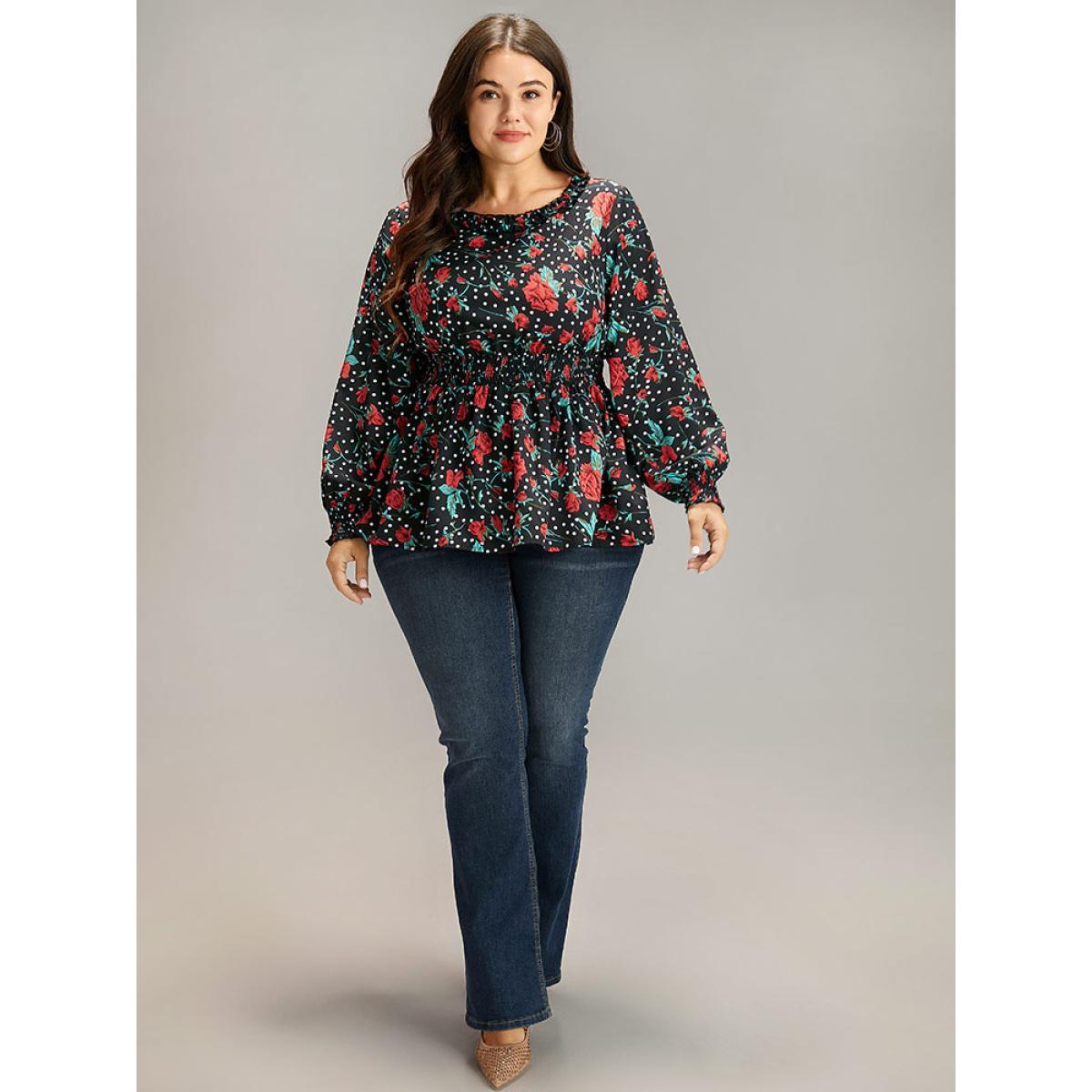 Plus Size BlackFlower Rose Print Shirred Frill Trim Lantern Sleeve Blouse Women Elegant Long Sleeve Round Neck Dailywear Blouses BloomChic 14-16/1X Product Image
